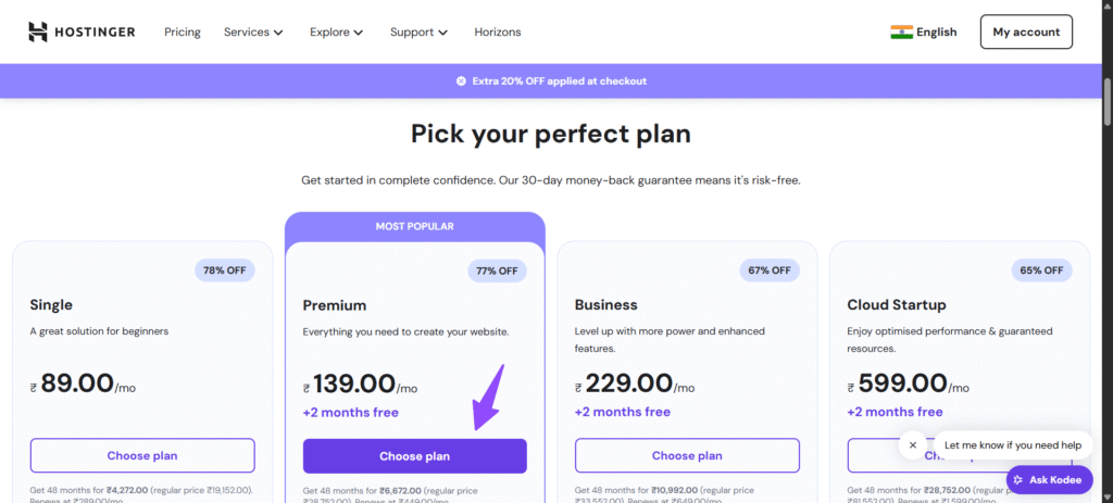 Choose a Plan in Hostinger