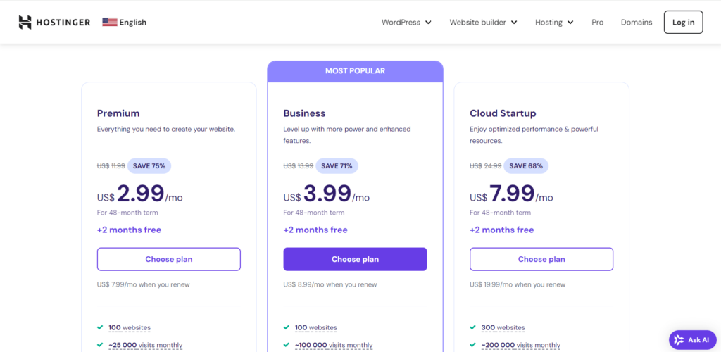 Pricing Plan hostinger